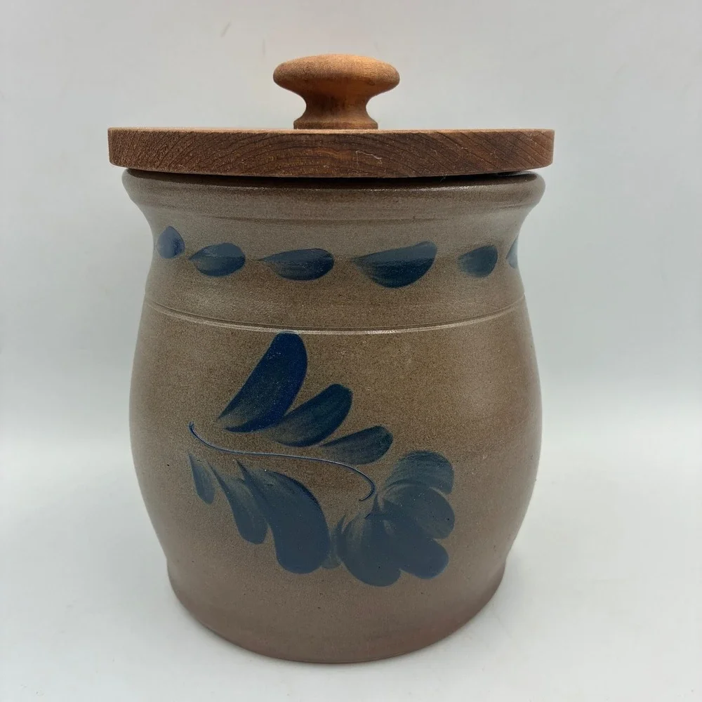 Eldreth Pottery Salt Glazed Stoneware Crock 1992 Wood Lid Blue Cobalt Leaf PA